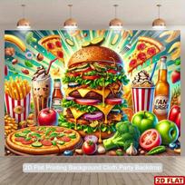2D plokščias 1 vnt. greito maisto vakarėlio fonas, tinkamas gimtadienio šventėms ir kavinės dekoravimui 47.2x31.5inch/120*80cm