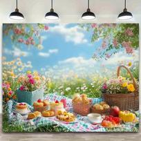 One spring picnic backdrop banner with lush flower patterns and a colorful napkin is perfect for outdoor activities. 47.2x31.5inch/120*80cm