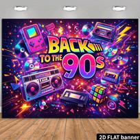 2D Plokščias Baneris - Retro 90-ųjų Muzikos vakarėlio Fono Audinio Dizainas Grafičių Stiliuje 47.2x31.5inch/120*80cm purple