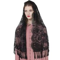 Woman Mantilla Floral Veil Lace Mantilla Veil Tasseled Shawl Headwear Mantilla juoda