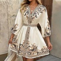 Women's Fashion Printed V-Neck Seven Sleeve Tie Waist Dresses L smėlis