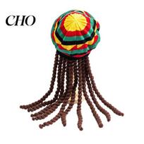 Holiday Photo Props Cosplay Hat Red Yellow Green Jamaica Colors Colorful Beret with Black Braided Pigtail Wig Headwear Halloween Costume Party