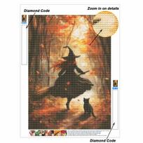 DIY Diamond Painting Kit Autumn Witch and Black Cat Pattern Full Drill Art Canvas Relaxing Creative Craft for Home Wall Decor Gift Round 20x30cm
