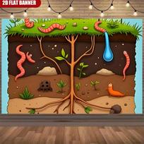 2D plane, soil biology illustration background fabric, underground root system and earthworms, polyester fiber 100x150cm