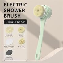 Electric Shower Body Cleaning Brush 5 Heads Spinning Spa Bath Brush Waterproof Long Handle Personal Back Rubbing 3 Gear žalia