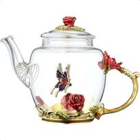 Floral glass teapot, with golden leaf edges, in red color United States