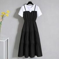 Fashion Strap Fake Two Piece Dress Block Summer Short Sleeved Dresses Women's Waist M juoda