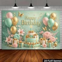 2D 1 piece multi-layer cake birthday backdrop. Mint green background with gold foil words  Happy Birthday 47.2x31.5inch/120*80cm