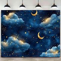 2D Plane - Polyester material night sky backdrop featuring golden moons and stars suitable for party and studio decoration 47.2x31.5inch/120*80cm