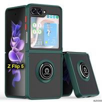 Šarvų stovo žiedo laikiklio dėklas, skirtas Samsung Galaxy Z Flip 5 Z Flip 4 Z flip 3 5G dėklas, visiškai apsaugotas kompiuterio plastikinis galinis dangtelis, skirtas Galaxy Z Flip5 Capa Samsung Z flip 5 tamsiai žalia spalva