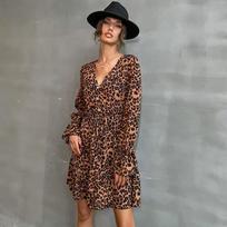 Fashion Spring Women's Long Sleeve V-Neck Leopard Print Dress S chaki