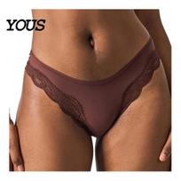 Seamless Panties Women's Lace Trim Thong, Low Rise Breathable Underwear, Sexy Women Underpants T Back Soft Stretch Briefs, Ladies Bikini Solid Color S kava
