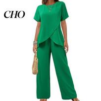 Commuter Casual Wear Women's 2 Piece Sets Crew Neck Short Sleeve Irregular Hem Polyester Spandex Suit Top And Wide Leg Pants Summer Lounge Outfits S žalia