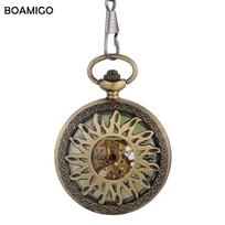 BOAMIGO Men's Antique Mechanical Pocket Watches Copper Flower Design Skeleton Roman Number Stainless Steel Mechanical Hombre varis