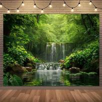 2D planar banner, 1 piece of lush green forest waterfall scenery background fabric - dreamy photography background 47.2x31.5inch/120*80cm