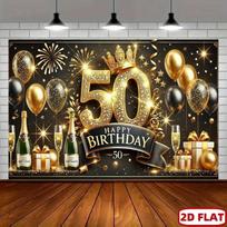 2D flat 1pc luxurious 50th birthday polyester banner  birthday party background  gold and black theme and fireworks design 47.2x31.5inch/120*80cm