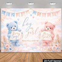 2D Plane Gender Revealing Party Background Fabric - Pink and Blue Teddy Bear Watercolor Theme 47.2x31.5inch/120*80cm
