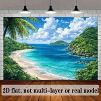 2D plane, tropical beach palm tree theme, azure waves, rocky cliffs, suitable for family decoration, polyester fiber (as the picture,100x150cm)