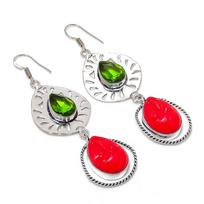 Natural Red Coral, Peridot 925 Sterling Silver Jewelry Earring 3.15  AE-11956 white