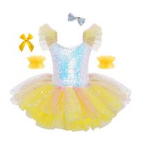 Girls Ballet Tutu Dress Ruffled Sleeves Sparkling Sequins Bodice Layered Tulle Headwear Cuffs Bow Brooch 3-4 Years geltona