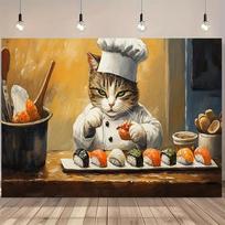 2D flat design 1-piece Japanese-style cat sushi chef art painting suitable for event backgrounds and modern home decoration 47.2x31.5inch/120*80cm