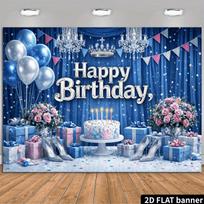 2D plane dark blue silver glitter birthday backdrop with silver  Happy Birthday  words and silver tiara 47.2x31.5inch/120*80cm