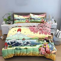 Japanese Ukiyo-e Mount Fuji Geisha Bedding Set,Cherry Blossom Ocean Wave Kimono Ladies Tea Time Print Duvet Cover Set,Room Decor 135x200cm