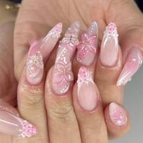 Spring and Summer Fashion Short Almond Nail Wear Nail Pink 3D Flower Nail Art Press on nails