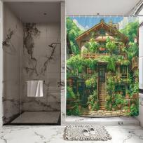 Enchanted Garden Cottage Bath Curtain - Lush Greenery & Rustic Charm,Waterproof Home Decor Adds Nature'S Beauty To Your Bathroom W60H190(CM)-1 Pcs