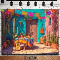 One Mexican carnival-themed backdrop featuring colorful paper cutouts cacti and guitars suitable for various occasions 47.2x31.5inch/120*80cm