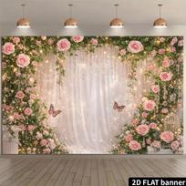 2D Pink Rose and Butterfly Themed Wedding Backdrop Photo Background Banner 47.2x31.5inch/120*80cm