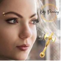 KODY PIERCING 18k paauksuotas dvigubo velnio kirvio antakių auskaras su kamuoliuku – kokybiškas auskarų vėrimas