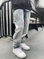2024 Men's Retro American Street Hip-Hop Graffiti Ripped Straight Jeans Medium mėlyna