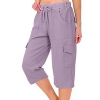 Women's Cotton Cargo  Pants,  Baggy Casual Lightweight Elastic Waist Trousers With Pockets For Hiking And Everyday Wear XL šviesiai violetinė spalva