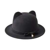 Fashion Cat Ears Wool Felt Hats Solid Color Warm Material Bowler Hats Bow Decoration Bucket Hats Women Wear juoda
