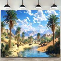 2D planar banner 1 desert oasis photography flag - a realistic depiction of camels palm trees rivers and mountains 47.2x31.5inch/120*80cm