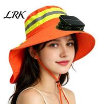 Ventilated Sun Hat with Solar USB Rechargeable Fan, Full Brim UV Proof Powered Reflective Stripes, Breathable Mesh Collar Protector Neck Shade Square raudona