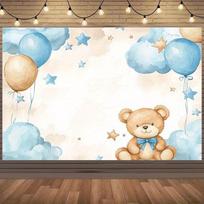 Teddy bear themed background with balloons, stars, and clouds - suitable for birthday parties and celebrations 47.2x31.5inch/120*80cm