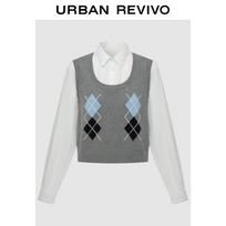 UR2026 Women's Contrast Argyle Faux Two-Piece Knit Sweater M