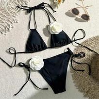Sexy Rose Flower Bikini Beachwear  Swimwear Thong Bikini Women Swimsuits Swimming Bathing  Brazilian Bikinis Set S juoda