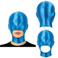 Sexy Glossy Full Face Balaclava with Mouth Opening Back Zip and Blindfold Eye Cover for Halloween Club Costume One Size mėlyna