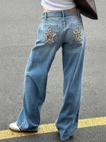 Women S Vintage Street Leopard Star Patch Straight Leg Jeans S mėlyna