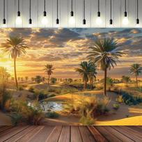 2D flat 1 piece desert palm tree oasis sunset banner background fabric - polyester fabric, for home decoration and parties 47.2x31.5inch/120*80cm