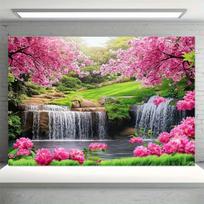 2D plokštuma su rožinių gėlių sodu, žalia veja ir kriokliu. Tinka vidaus ir lauko veiklai. Poliesterio pluoštas. 47.2x31.5inch/120*80cm pink