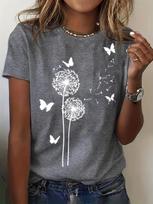 Relaxed Chic Women's Casual Dandelion and Butterfly Print T-Shirt Perfect for Summer Dandelion Pattern Fashionable for Women XS pilka