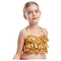 Kids Jazz Dance Top Glitter Sequins Tiered Ruffles Crop Camisole with Cross Back for Performances 5-6 Years auksas