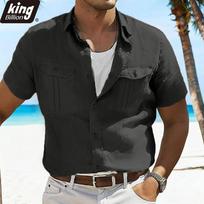Men's Linen Blend Short Sleeve Button-Up Shirt - Double Chest Pockets Casual Loose Fit Beach Vacation Top in Solid Beige S juoda