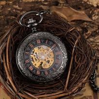 Vintage Bronze Skeleton Mechanical Pocket Watch Men Roman Dial Steampunk Hand Wind Pendant Clock Chain Watch Reloj De Bolsillo