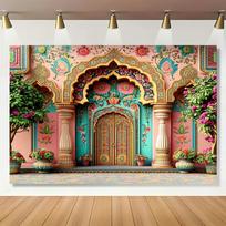 Vibrant Indian palace themed background - luxurious palace design with lush floral decorations 47.2x31.5inch/120*80cm