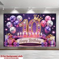 2D plokščias 10-ojo gimtadienio plakatas su skaičiumi 10 ir balionų raštu - violetinė ir spalvinga vakarėlio puošyba 70.9x43.3inch/180*110cm